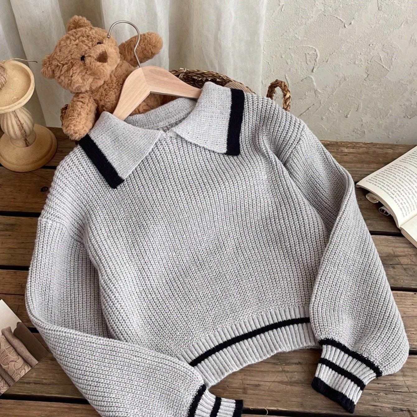 Tween Girls' Grey Colorblock Collar Sweater - Long Sleeve Loose Fit Casual Pullover, Machine Washable Knitwear For Autumn/winter