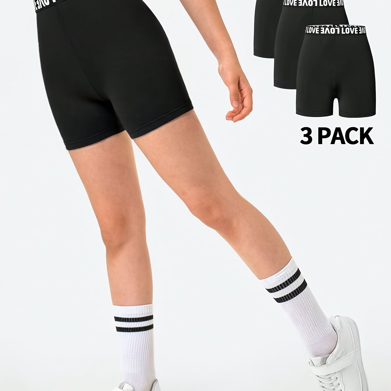 Image of This Three-piece Set For Girls Features Solid Color Shorts With Letter Designs, , Making It Suitable For Everyday Casual Wear, Sports, And More. A Practical Addition To Any Wardrobe, For Outdoor