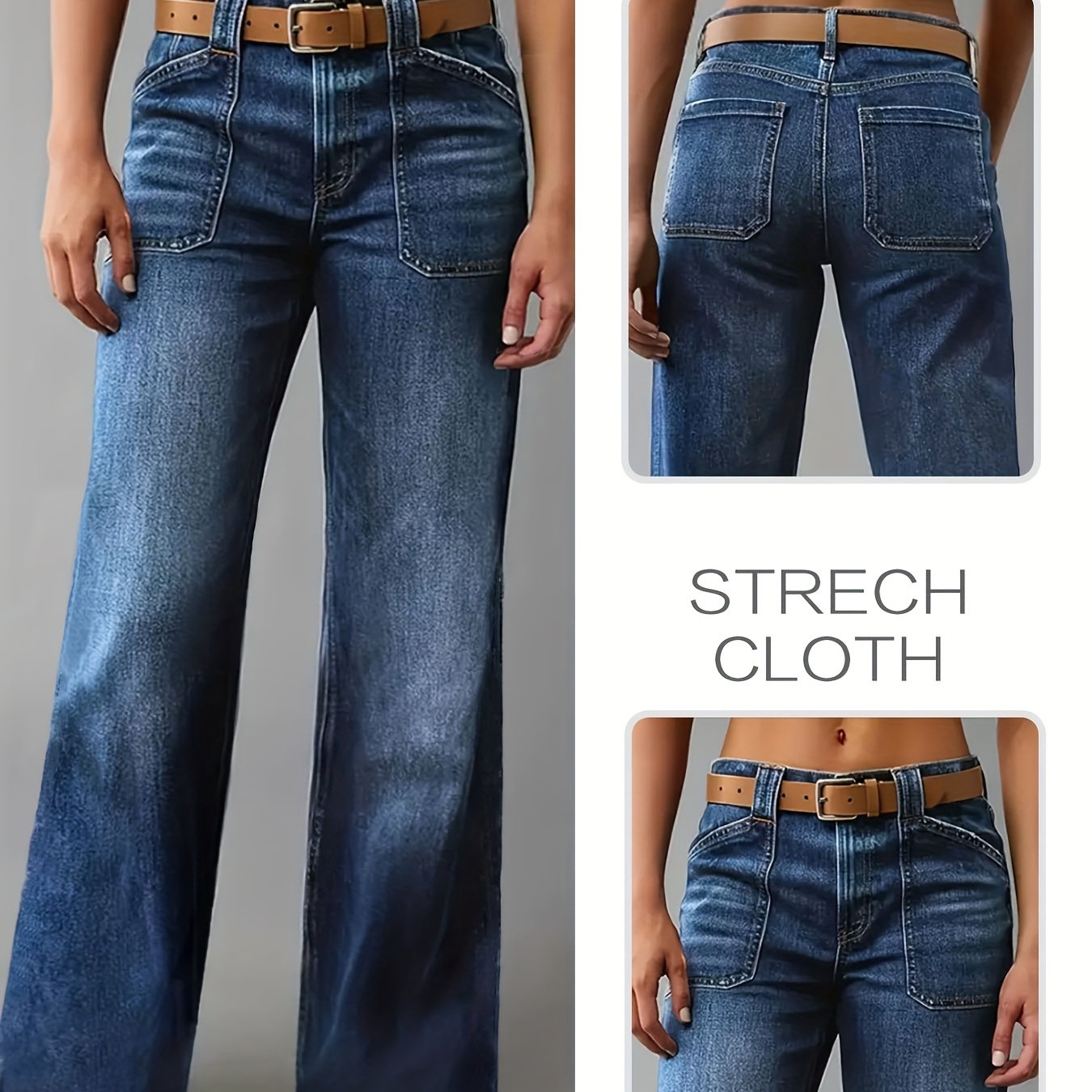 Image of Women's Stretchy Fashion Loose Fit New -leg Jeans - Classic Wide-leg Workwear Washed Blue Casual Pants. Comfortable Denim Trousers Suitable For , Ideal For Work, Travel, And Office Wear