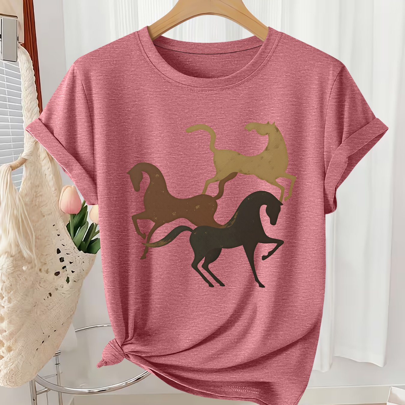 TEMU Women's Plus Size Vintage Horse Print T-shirt - Oversized Retro Horses Short Sleeve Top, Loose Neck Suitable For Casual, Vacation & Casual