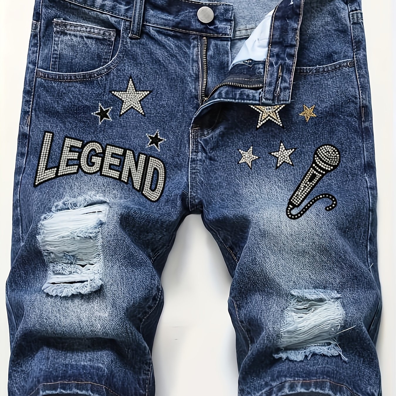 Image of New Arrival Men's Fashion Hip Hop Street Printed Denim Shorts, Slim Fit Stretch Washed Denim, Retro Casual Versatile, Urban Street Style, Fashion Essential