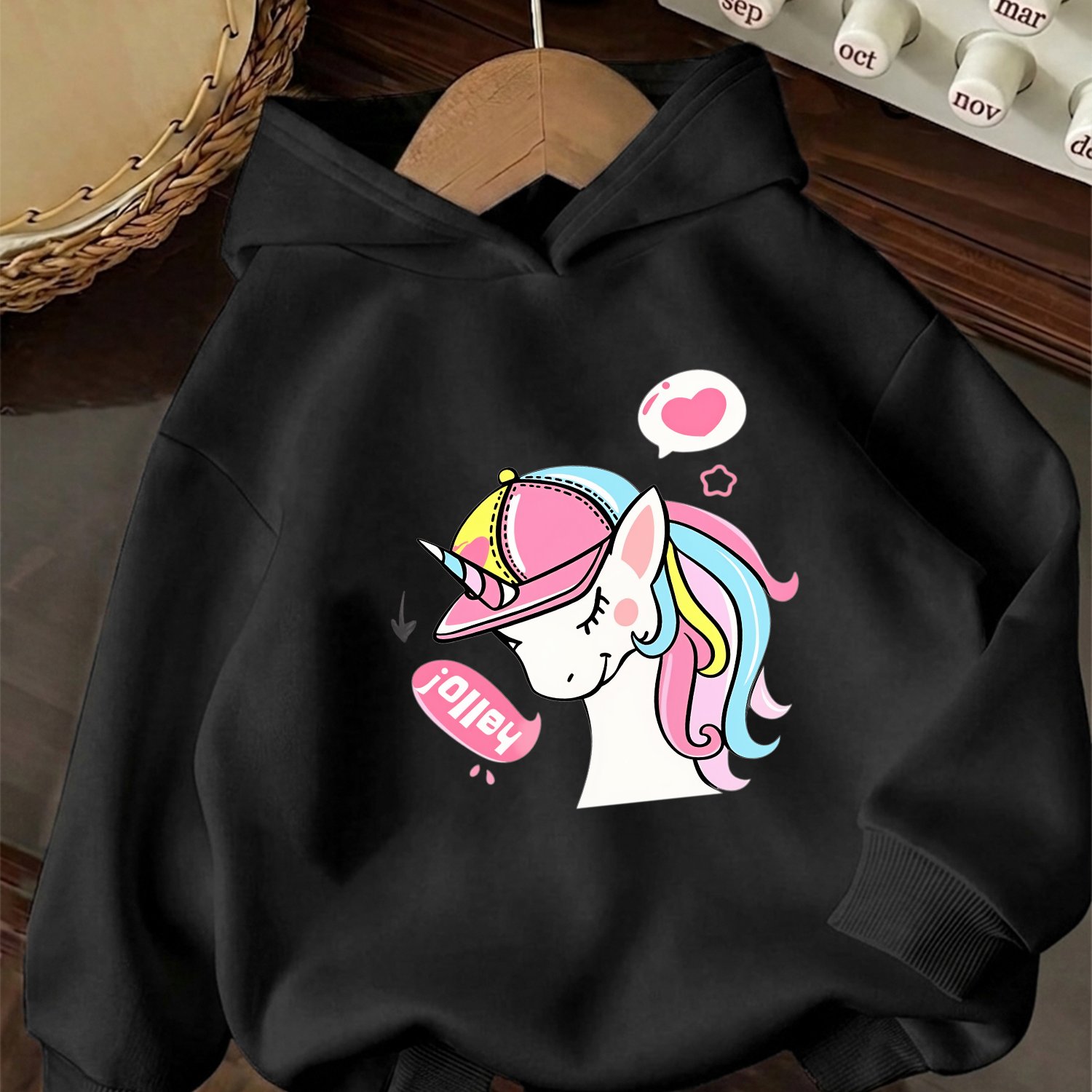 Image of Fall Winter Stylish Girls' Long-sleeve Hoodie, 'colorful Hooded Unicorn Heart Bubbles' Letter Print Loose- Casual Top
