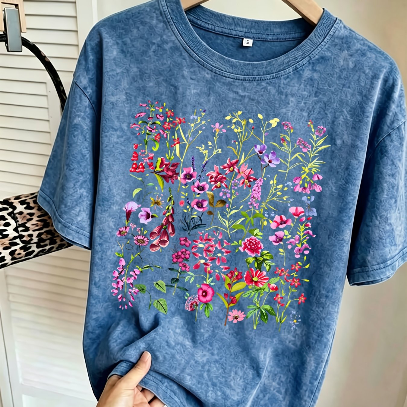 TEMU Washed, Floral Black Shirt Printed T-shirt, High-quality Batik Fashion -shirt, Women's T-shirt, Women's , Halloween Christmas Gift, Holiday Gift