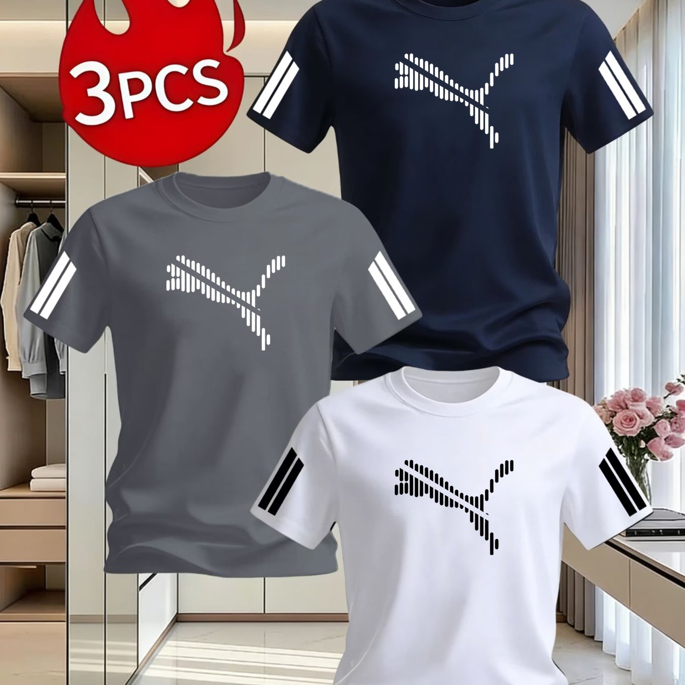 TEMU 3pcs Set Of Men's Comfortable, Breathable, Sweat-absorbing, Fashionable Printed Short-sleeve T-shirts| Round Neck, 2026 Latest Model With