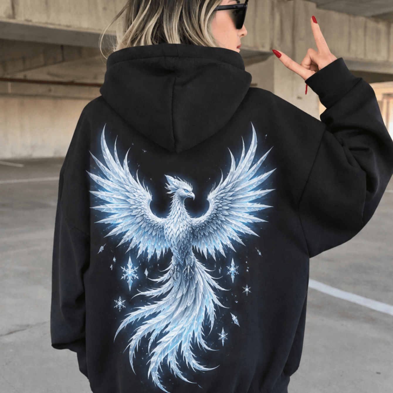 Image of Women's Ice Phoenix Snowflake Pattern Thickened Blend Hoodie Autumn Winter Casual Streetwear