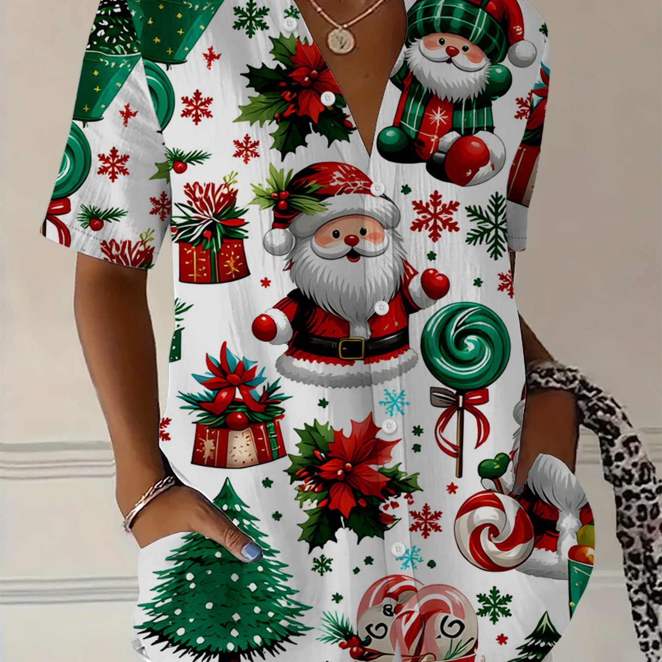 TEMU Women's Shirt Comfortable Printed Elegant Casual Fashion Christmas Element Pattern Women's Shirt Daily All-match Temperament Shirt, Non-fading
