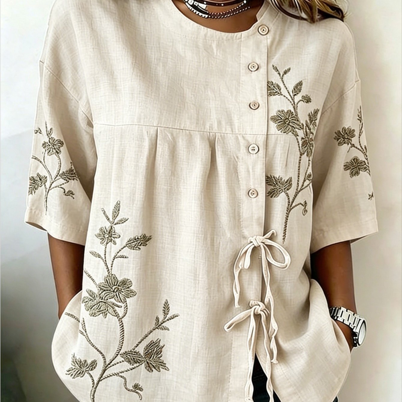 Image of Plus Size Women's Summer Clothing, Plus Size Top, Ladies Lace-up Shirt Top, Elegant Suit, Red And Brown Ethnic Print Shirt, Casual, For Her