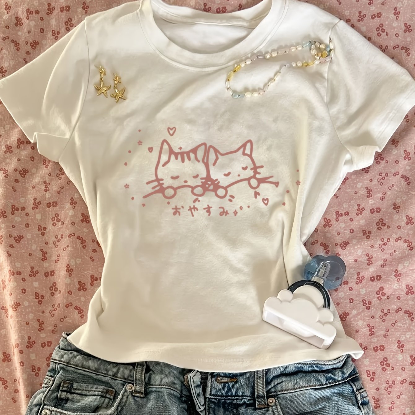 TEMU A Soft And Cute Girly Artistic Cat With Heart And Star Pattern Print, Simple New Summer Niche Ins-style Women's Fun, Elegant, And Regular