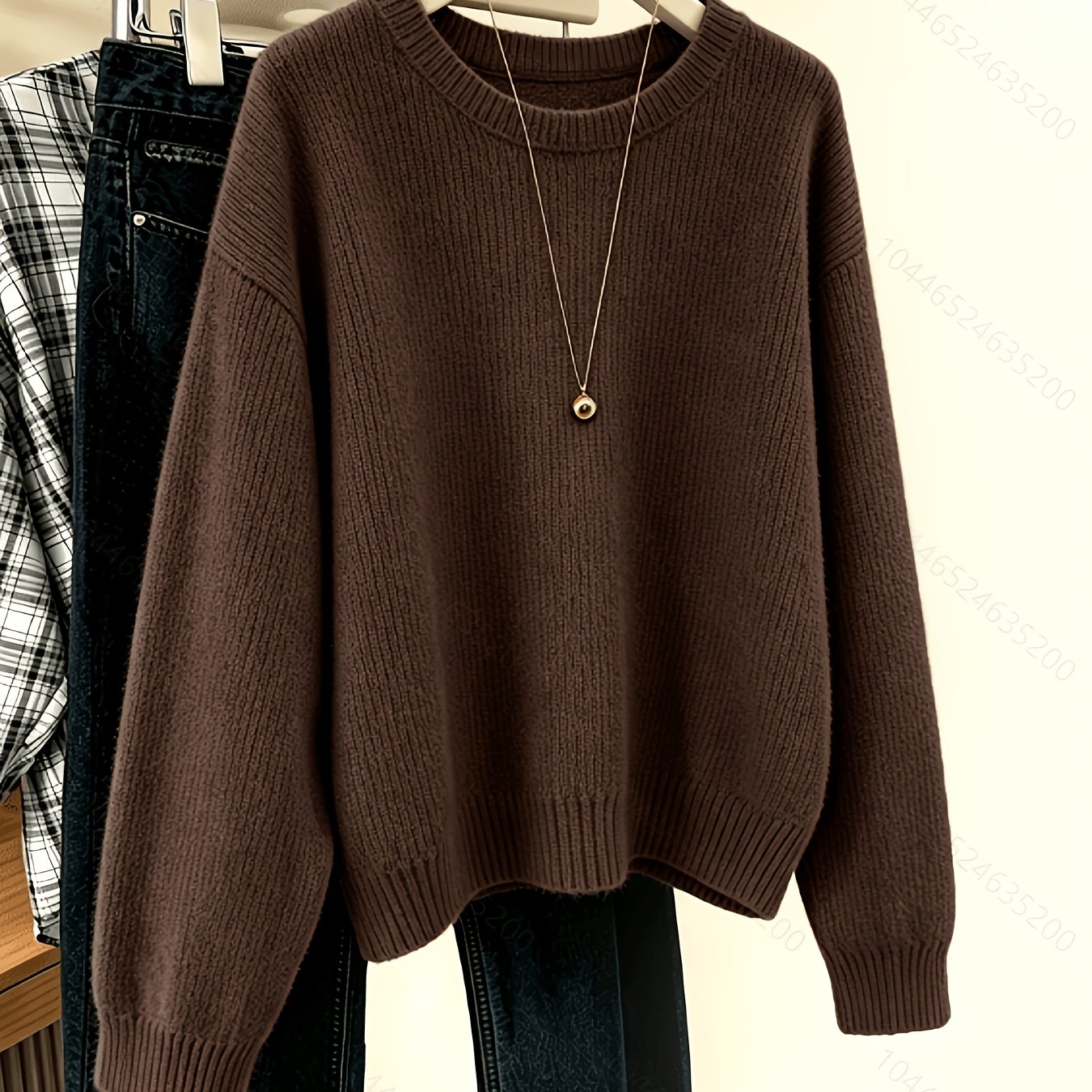 TEMU Plus Size, Women's Casual Solid Color Ribbed Plus Size Sweater Round Neck Loose Long Sleeved Pullover, Warm In Autumn And Winter, Daily In