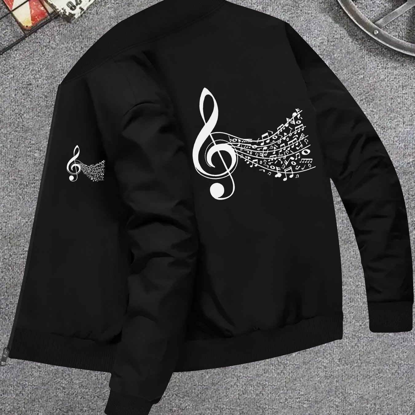 TEMU Men's Fashionable Comfortable Printed Music Note Zip- Outdoor Casual Jacket With Stand Collar And Pocket, Woven Polyester 95%, Elastane 5%, , Slight Stretch Fabric, Fall/winter Collection