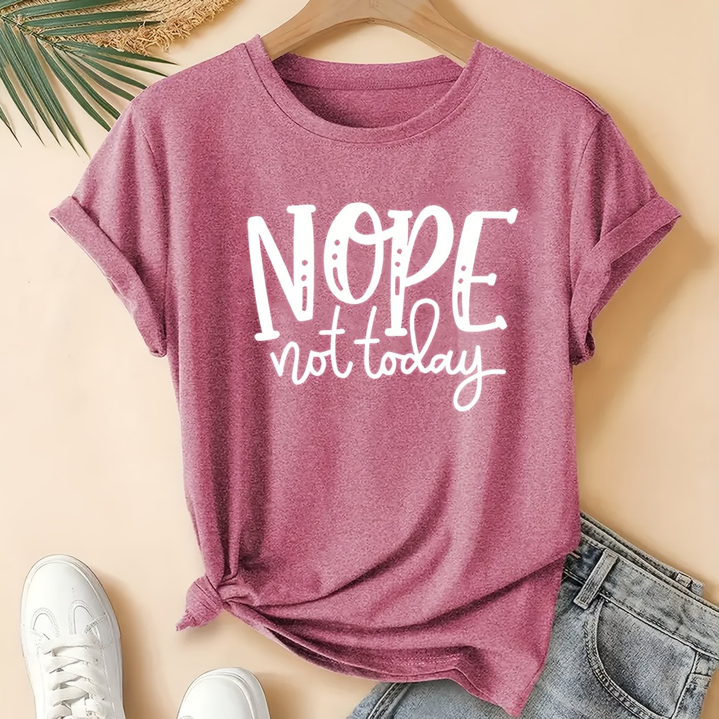 TEMU Women's Casual Crew Neck T-shirt With "nope Not Today" Print, Vintage-inspired Loose Fit Short Sleeve Top, Polyester Blend (75% Polyester, 20%