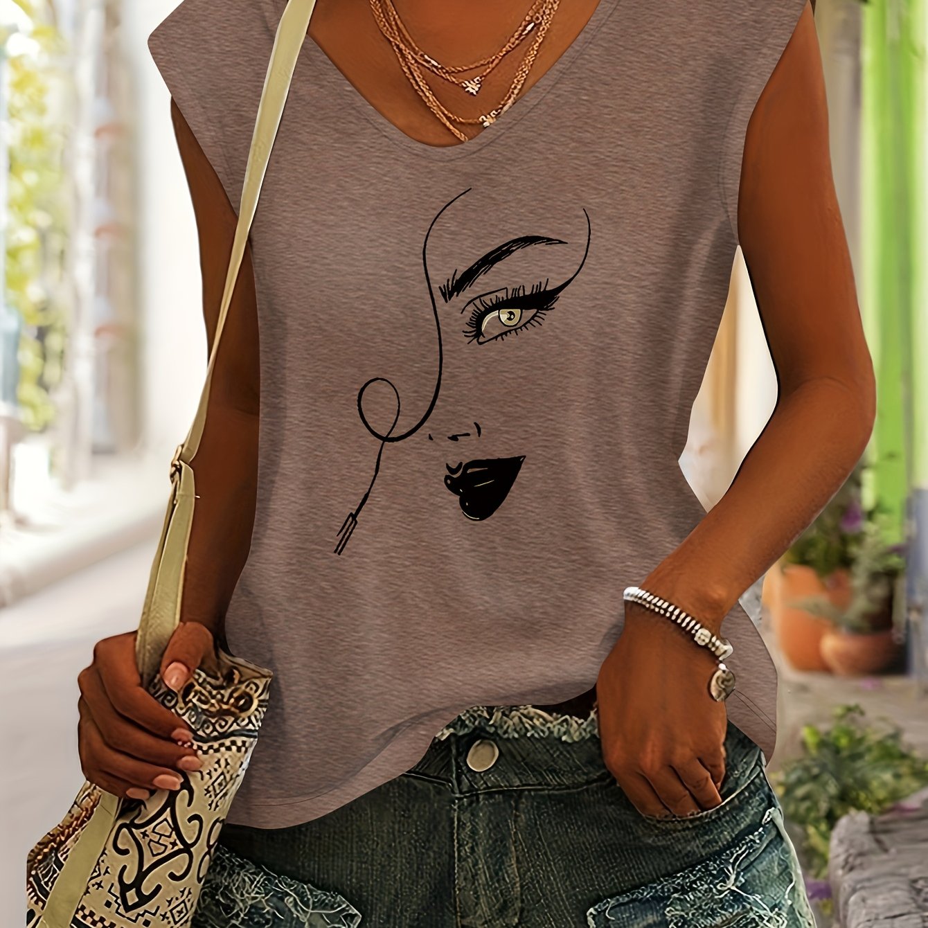TEMU Top Décontracté à Imprimé Visage pour Femmes avec Col en V et Manches Courtes en Douce - Coupe Détendue pour /Été, Lavable en Machine, T-Shirts