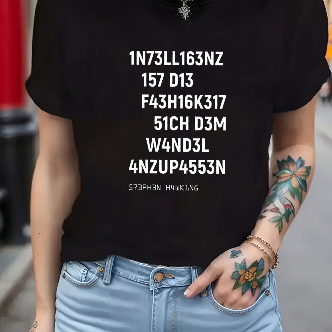 Image of Plus Size - Plus Size - Intelligence Is The To To Change Letter Print Plus Size Women's T-shirt, Short Sleeve Crew Neck Casual Top For Summer & Spring, Women's Clothing