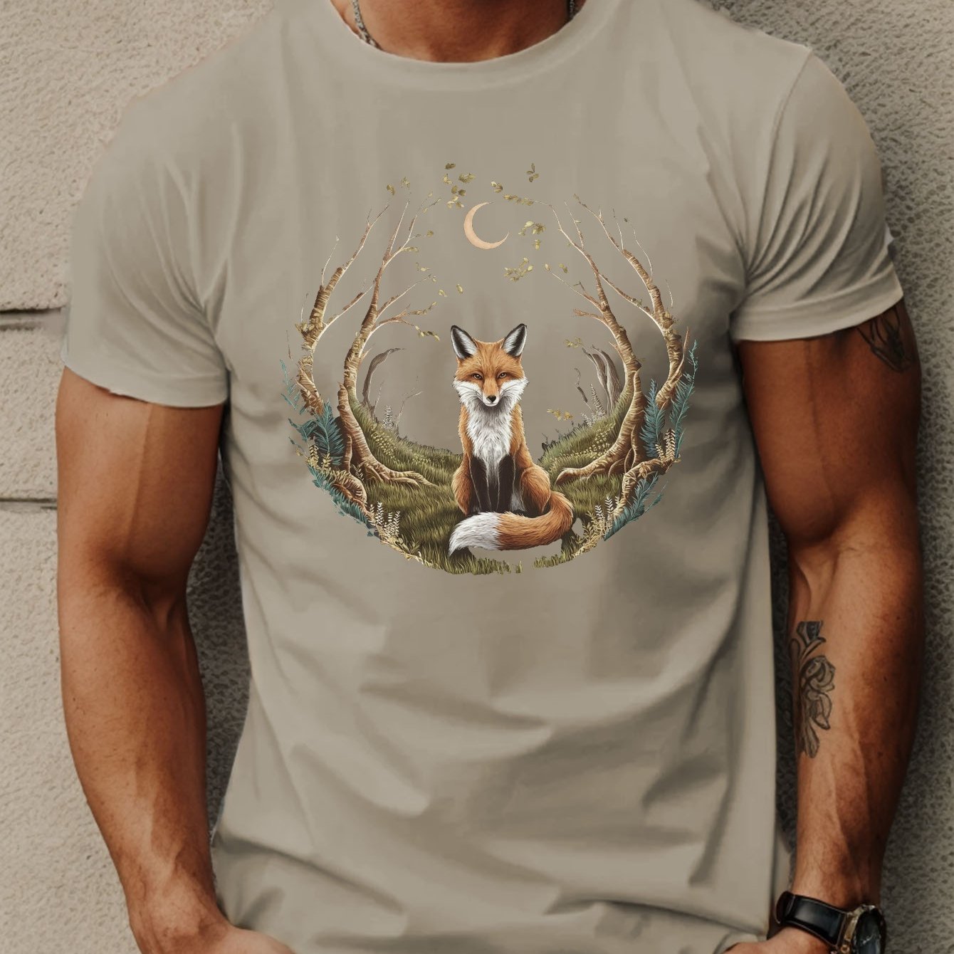 TEMU Men's Mystical Fox Woodland Graphic Tee, Casual Crew Neck Polyester T-shirt, Summer Short Sleeve Top With Stretch, Regular Fit - 100% Polyester