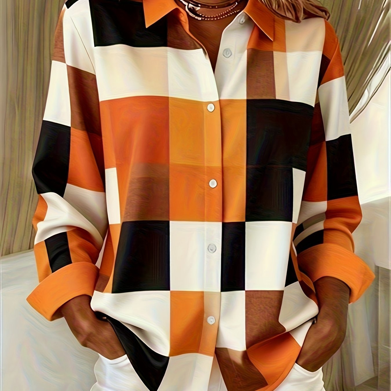 TEMU Plus Size, Women's Fashion Printed Long-sleeve Lapel Shirt