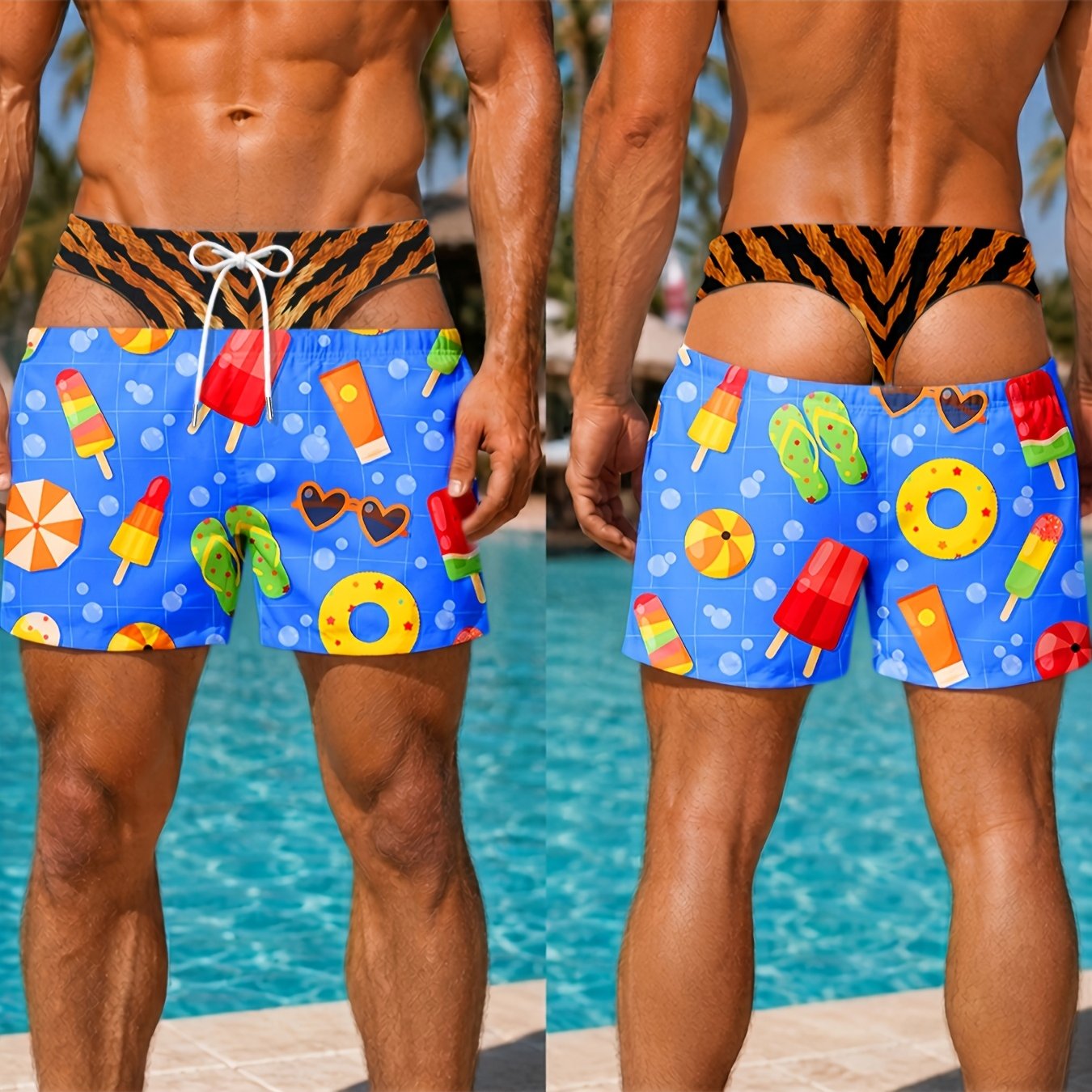 TEMU Men's Trim With Fun Pool Element Print Beach Shorts, Adult Male Casual Vacation Seaside Outfit, Summer Fashion Swimwear