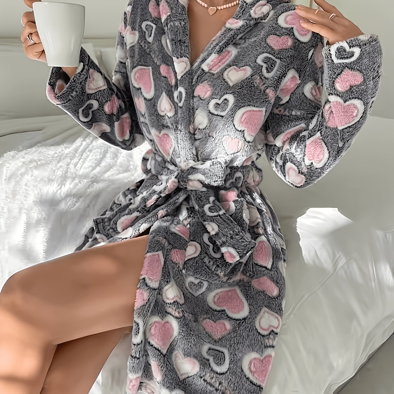 Image of Print Fuzzy Long Sleeve Nightgown For Autumn And Winter