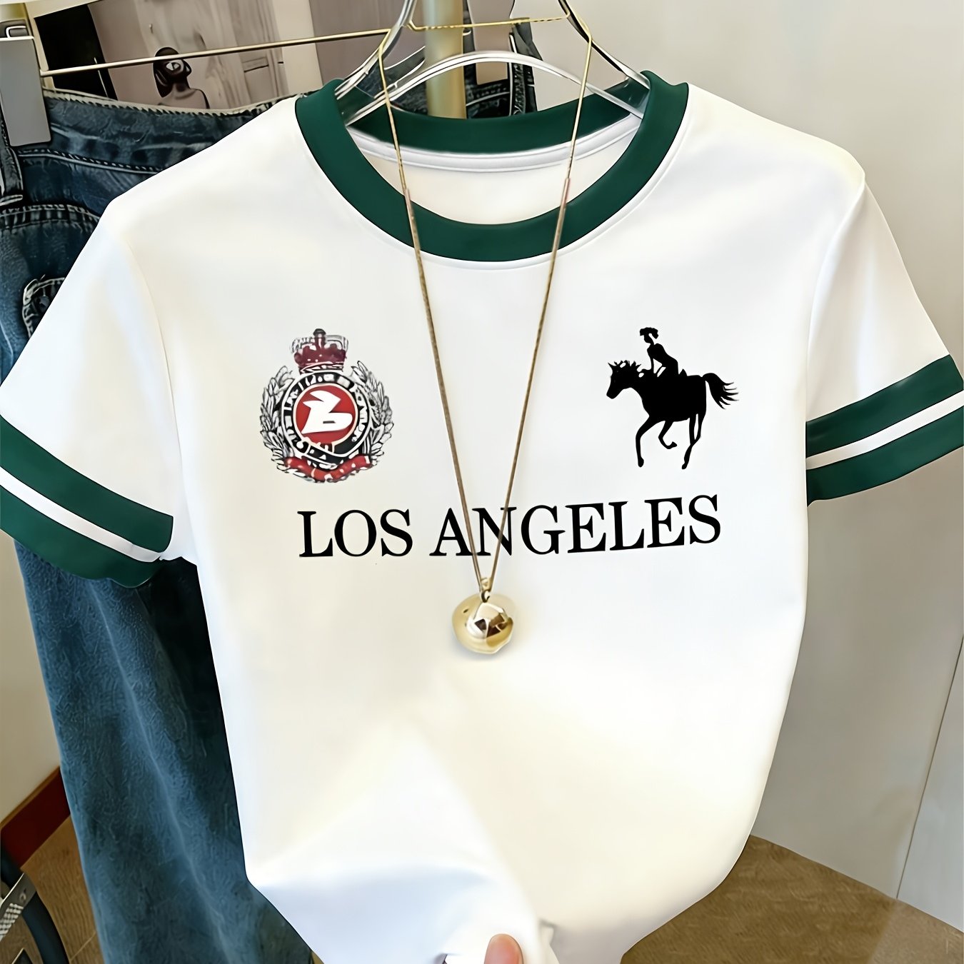 TEMU And Summer - T-shirt Featuring Badges, A Horse Silhouette, And 'los Angeles' Lettering, With Contrasting Striped Sleeves And A Round Neck. This