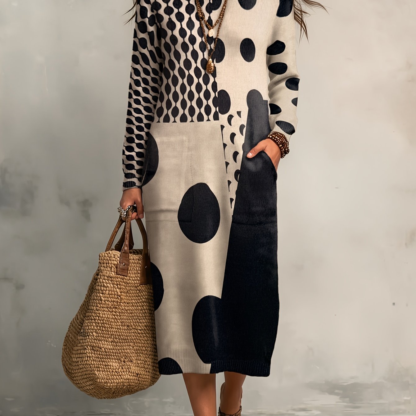 TEMU [printed Design - Not Textured] 2026 New Women's Long-sleeve Lightweight Long Length Sweater Dress, Milk Style Pattern, Hem Shaped Straight, ,