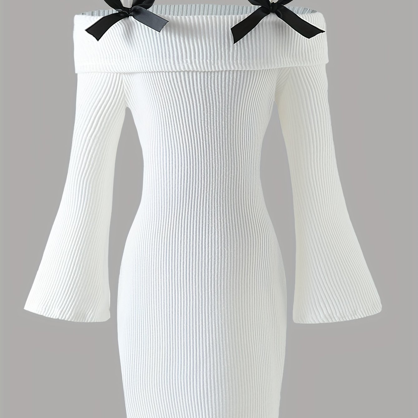 Sweet And Girls' Slim-fit Ribbed Brushed Off-shoulder Spaghetti Suspender Dress With Flared Cuffs And Sweet Bow Details, Suitable For Parties, Gatherings, And Daily