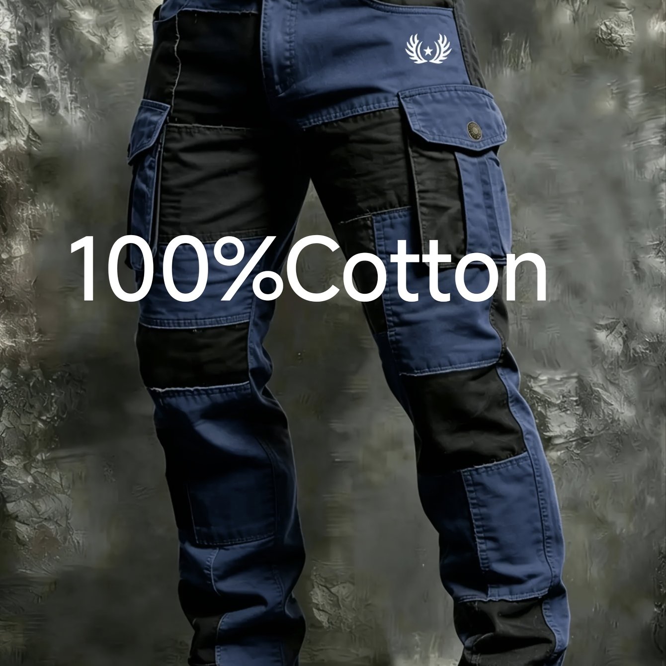 TEMU Men's 100% Black Color Block Cargo Tactical Pants Multi Pocket Workwear Trousers Outdoor Hiking Camping Daily Wear Stitching Utility Pants With