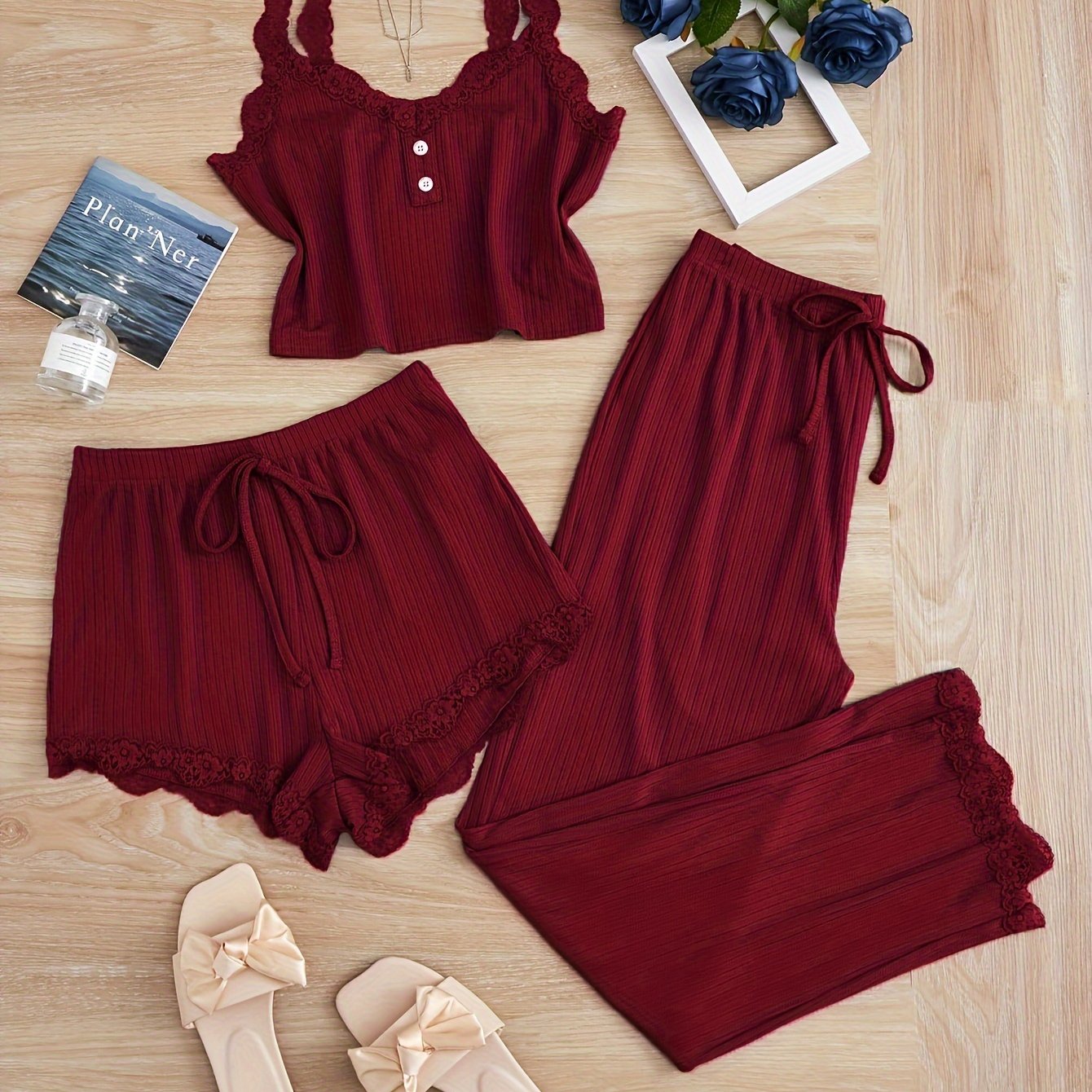 E-shop Jahreszeiten Jacquard Geripptes Spitzen Camisole Top, Shorts und Pyjama Set mit 3 Teilen für Frühling und Sommer