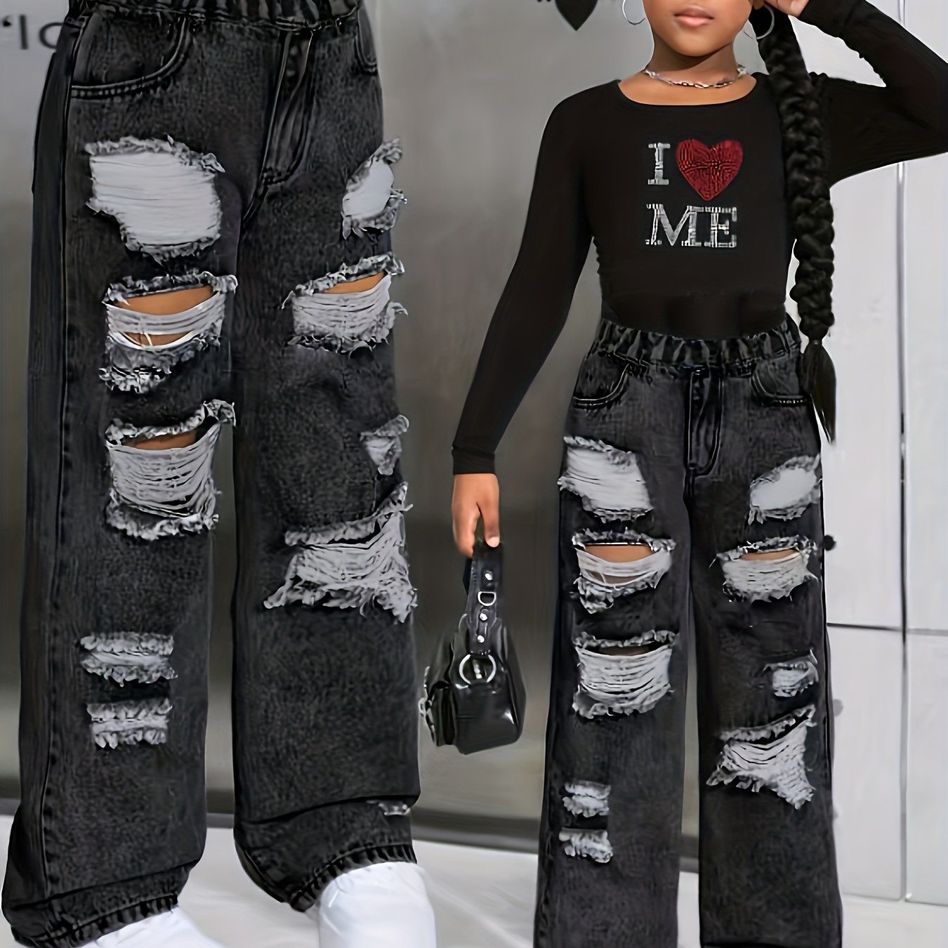Image of Multi-pocket Ripped Girls' Jeans - Vintage Streetwear Fashion For Teens: Stylish And Comfortable! To Any Occasion, Wear