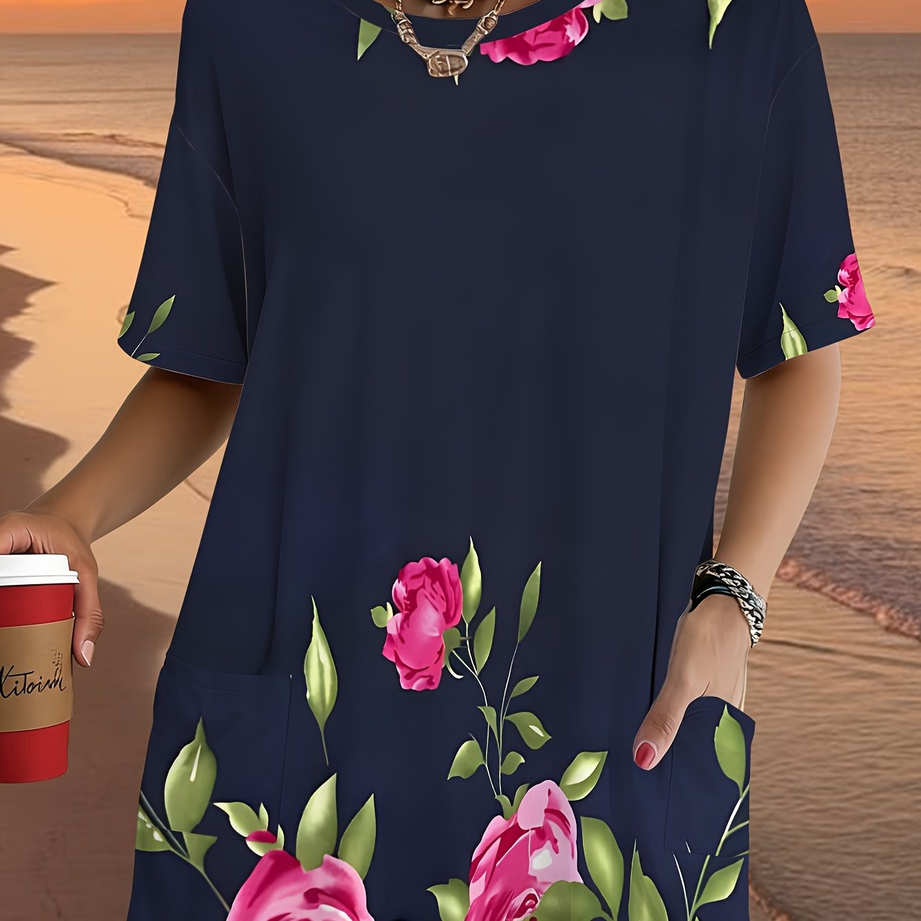 TEMU 1pc Loose Fit Short-sleeve T-shirt With Pink Floral Print, Featuring Front Pockets, Ideal For Daily Wear, Beach Vacation, Casual Gatherings, And