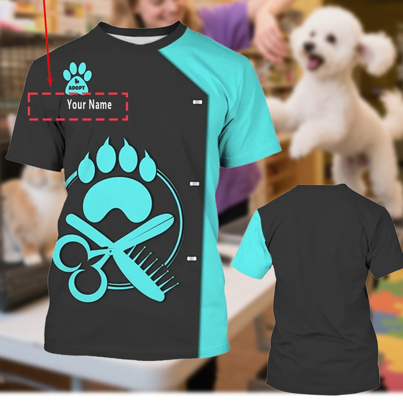 TEMU Custom Pet Groomer Shirts - Personalized With Names/text, Featuring Black With Turquoise , Quick-dry Knit Fabric Suitable For Dog Salons,