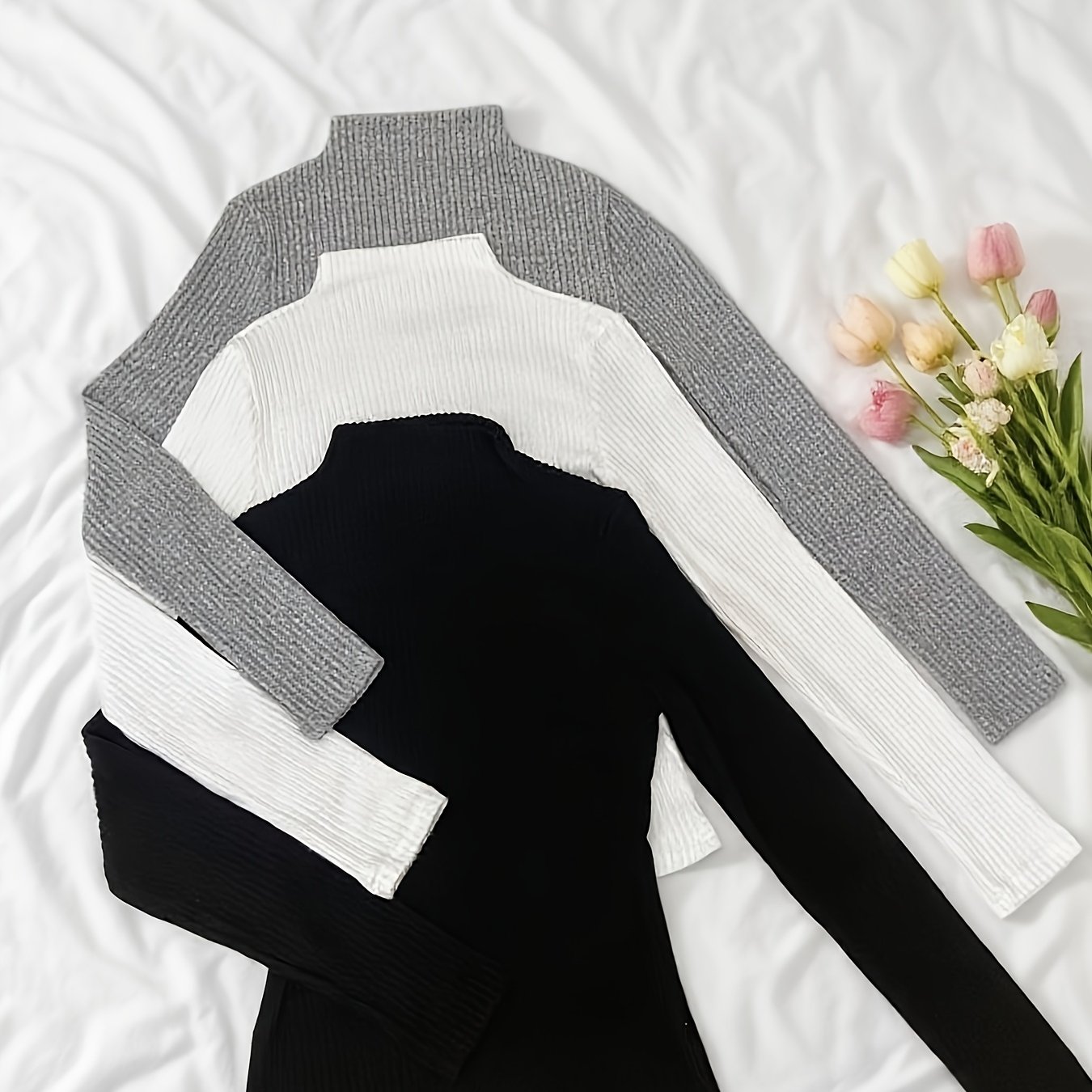E-shop 3-teiliges Set Rippstrick-Basisschirt mit hohem Kragen, einfarbig, vielseitiges Damen-Pullover-T-Shirt, Herbst- und Winterpullover, langärmliger