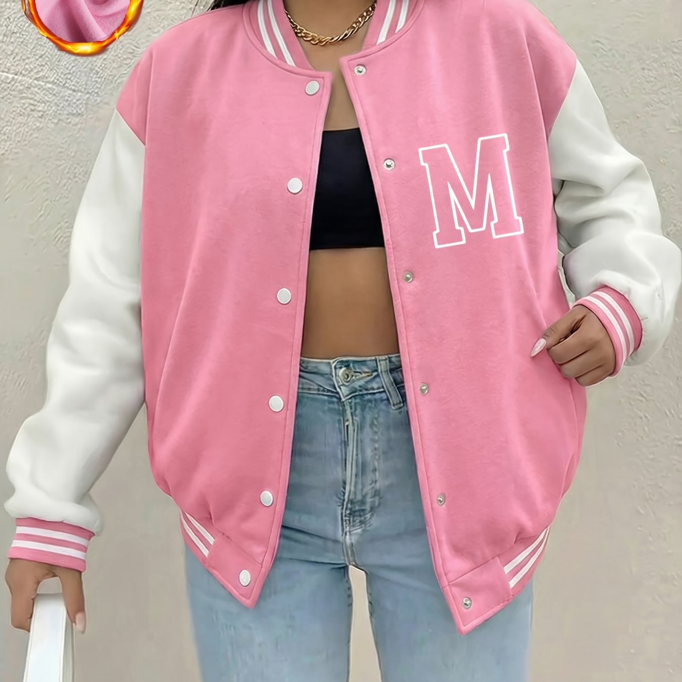 TEMU Large Letter M Pattern Printed Women's Fleece Baseball Jacket With Snap Buttons, Suitable For Casual Outdoor Sports Wear In Autumn And Winter,