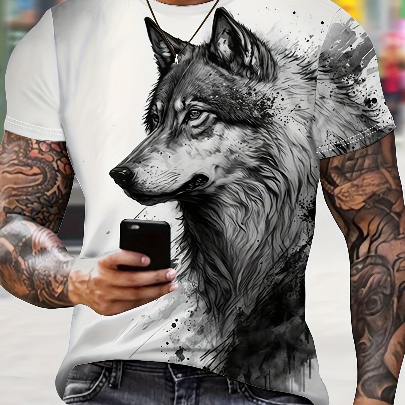 Anime Cool Wolf Men' Short Sleeve Crew Neck T-shirt, Summer Outdoor, As Gifts
