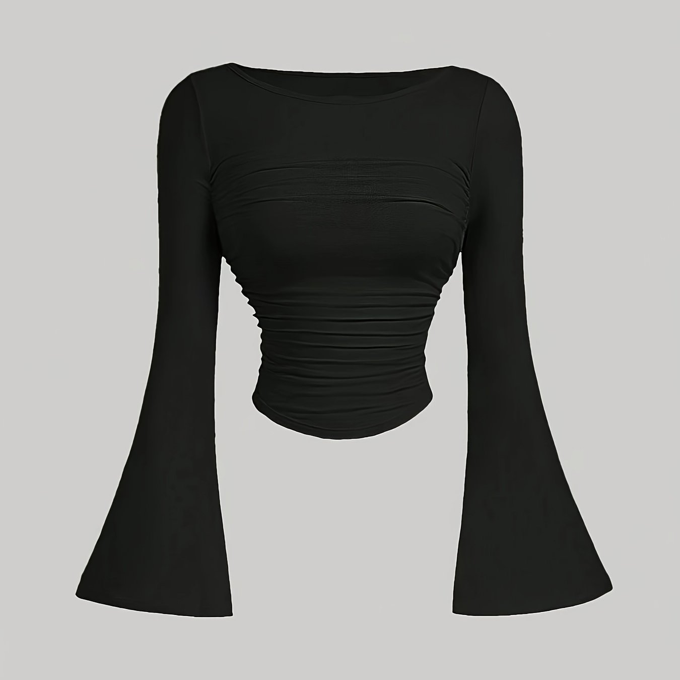 Slim Fit Casual Crew Neck Flared Sleeve Pleated Design Long Sleeve T-shirt