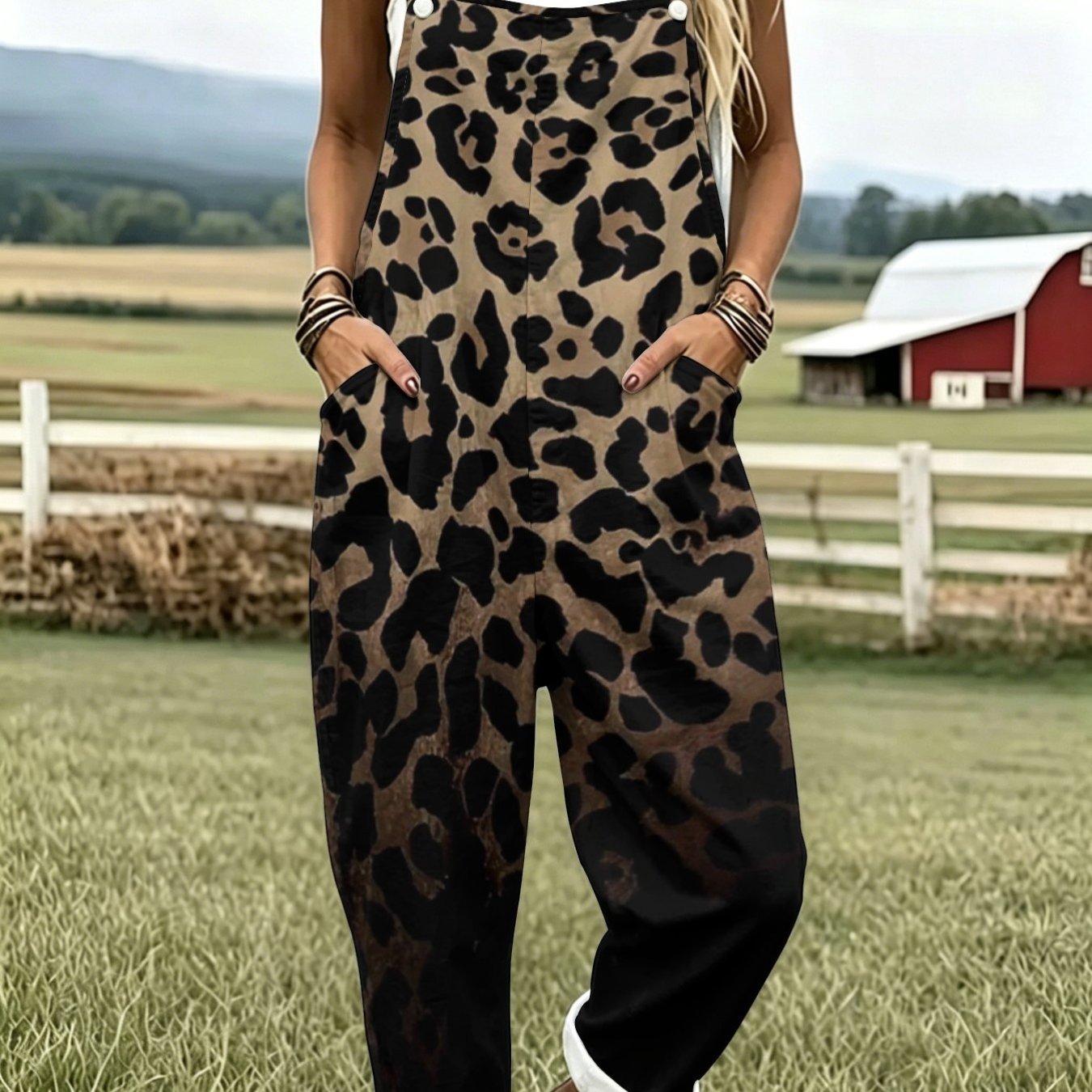 TEMU Women's Casual Overalls With A Gradient Retro Leopard Print. Loose-fitting, Wide-leg Design With Large Pockets. Roll-up Cuffs Add A Trendy And ,