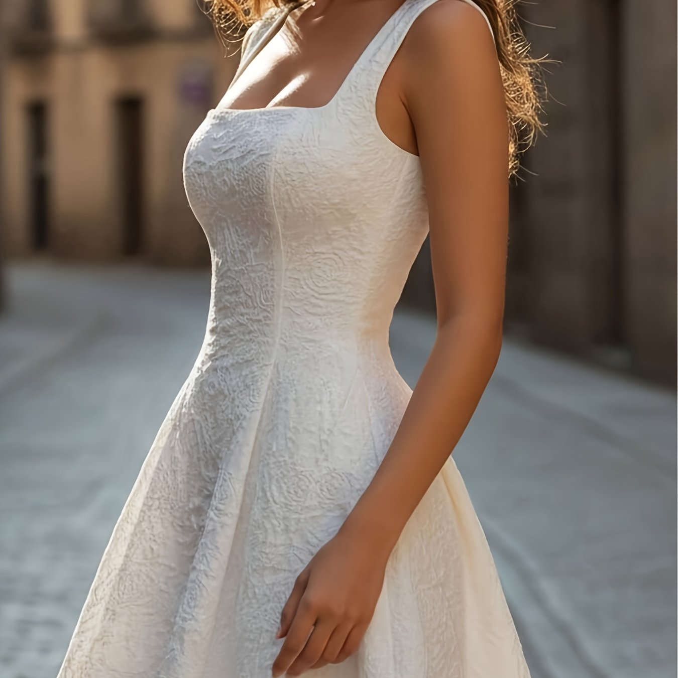 A Particularly Elegant Women'-neck Fashionable Solid-color Textured Simple Wide-suspender Dress
