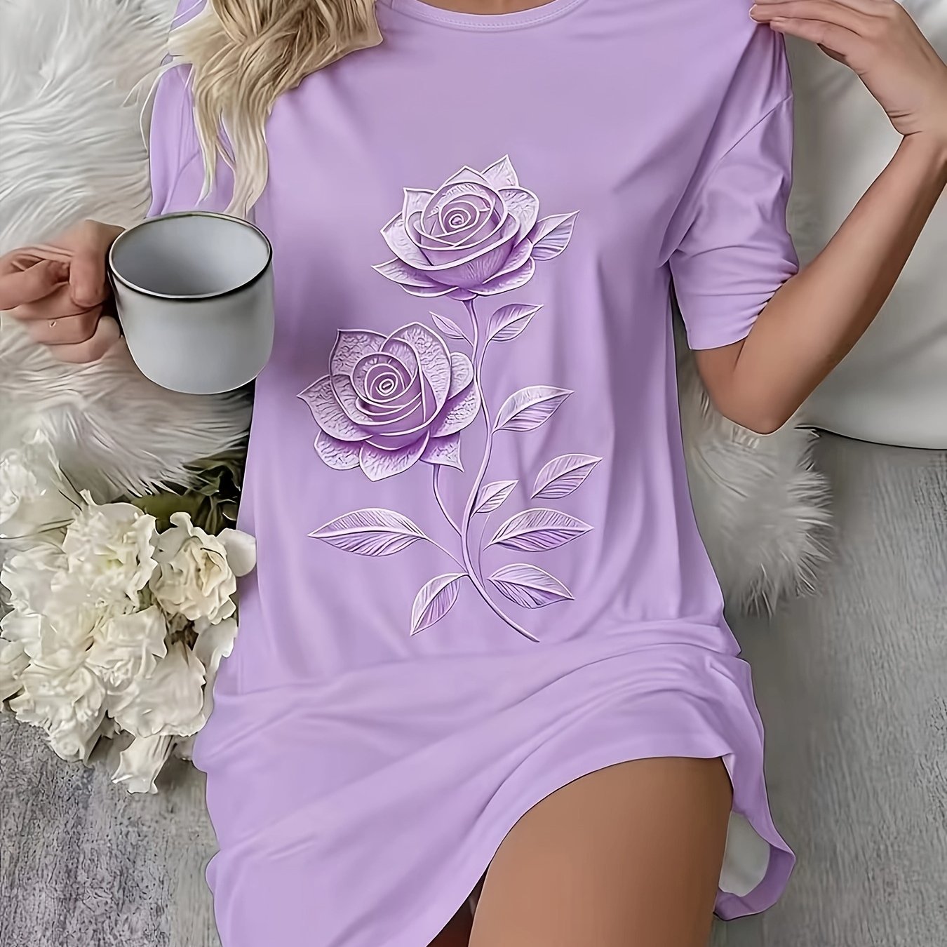 TEMU Women's Rose Print Round Neck Comfortable Nightgown And Loungewear Pajamas, Women's Round Neck Printed Nightgown 2026 New Style, Fashionable