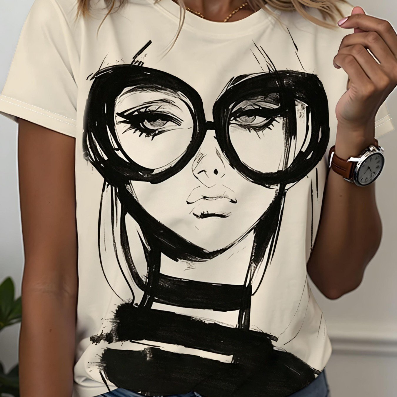 TEMU Elegant Women's Shirt, Round Neck Short Sleeve Casual Top, Nature, Comfortable, Easy, Elegant, And Stylish - Perfect For Commuting, Vacation, Or