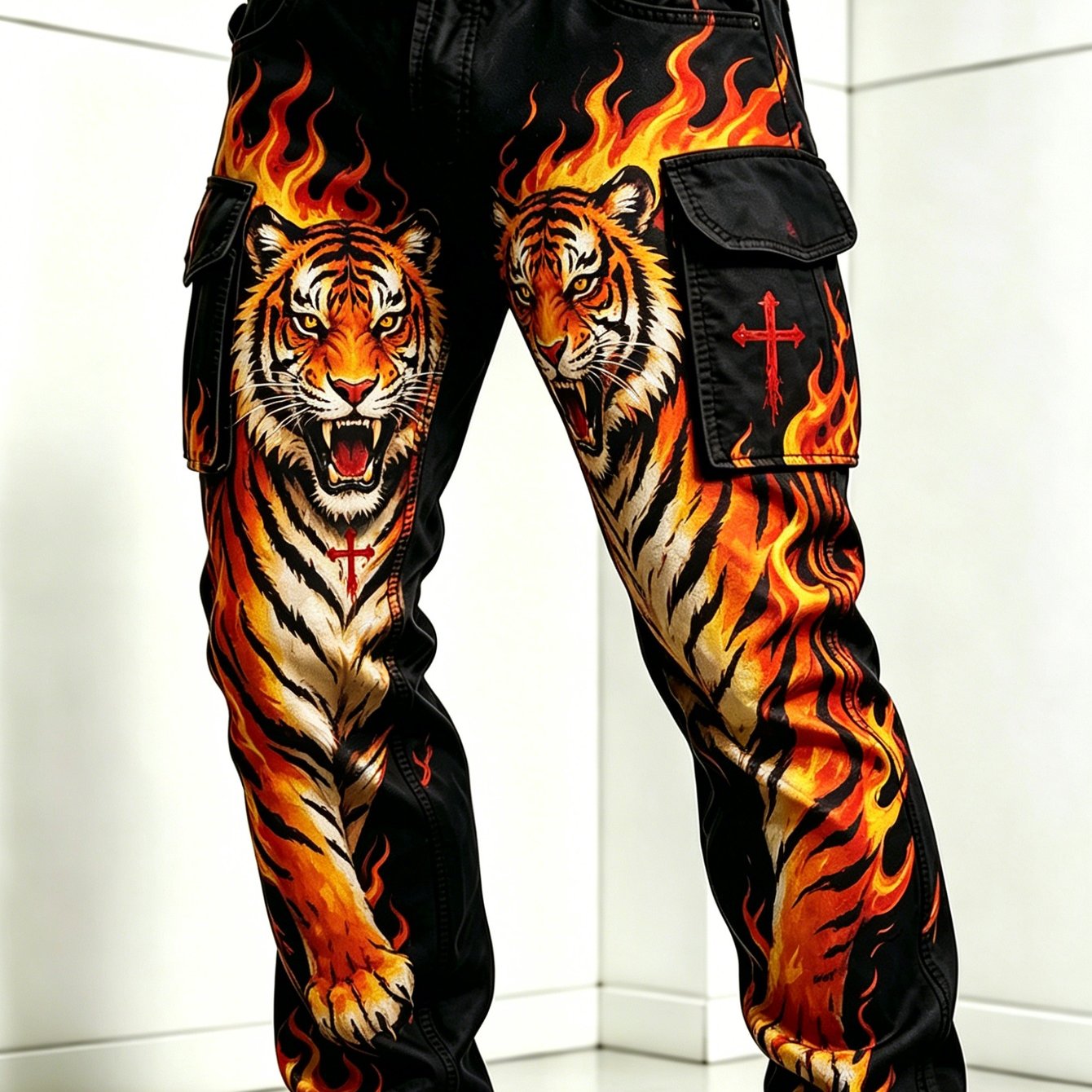 Image of Men's -style Flame Tiger Cargo Pants, Suitable For , Ideal For Casual Daily Wear And Street Gatherings, Wide-leg Long Pants