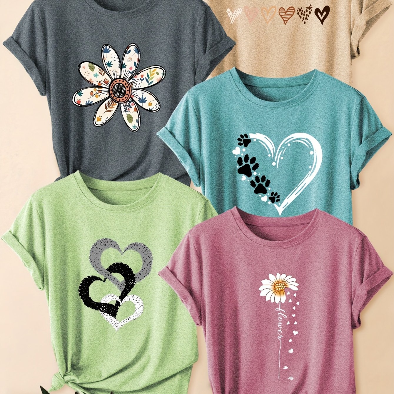 TEMU 5pcs Women's Casual Sporty Style Round Neck Short Sleeve T-shirt With Heart And Daisy Print In Vintage Fashion
