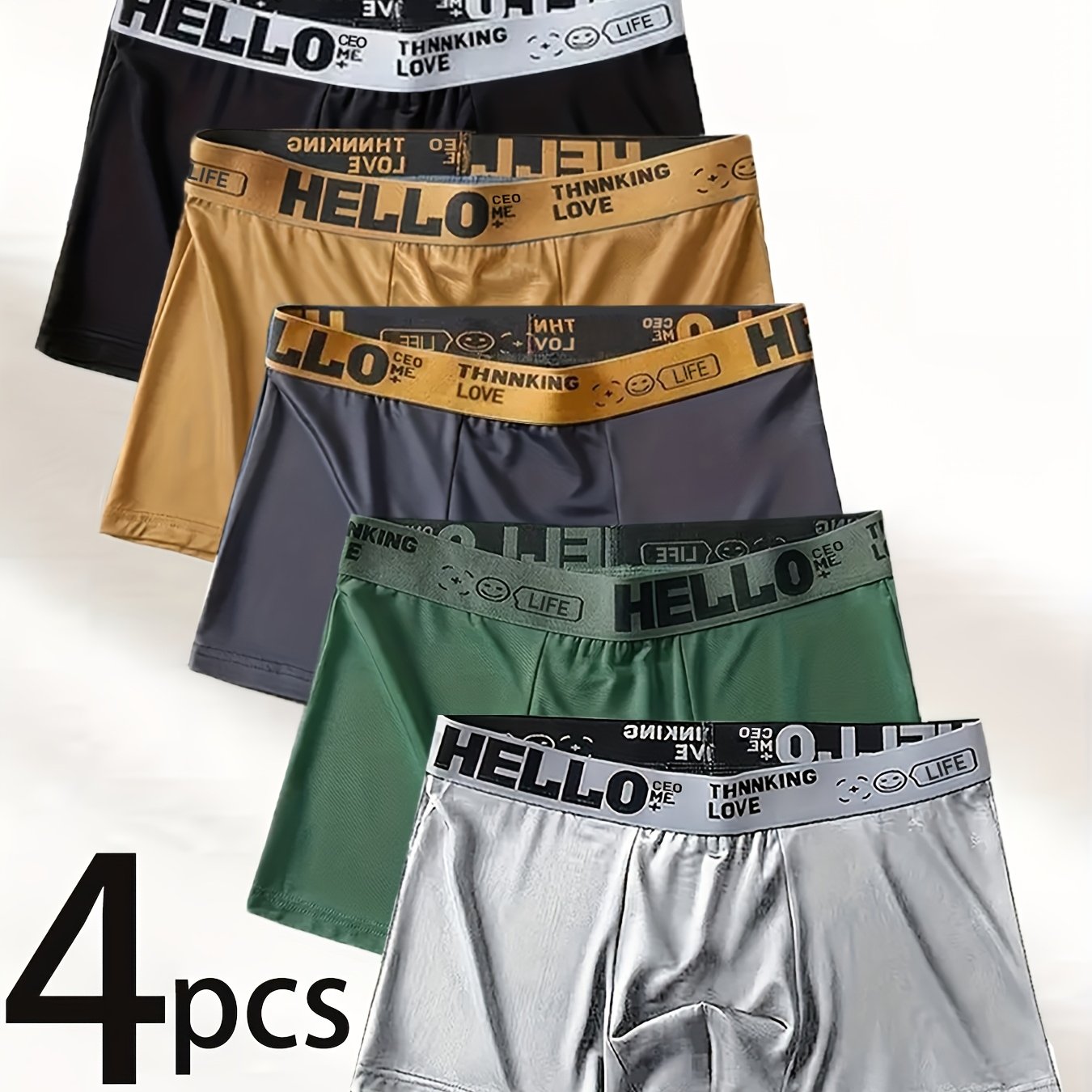 TEMU Random Brovanic 4pcs Men&;s Boxer Briefs, Fashionable "hello" Letter Waistband Boxer Trunks, Casual Sport Underwear, Breathable Comfortable