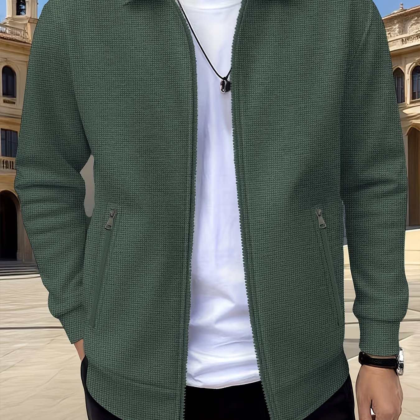 TEMU [ Obm] Men' Color Lapel Waffle Long Sleeve Zipper Cargo Jacket, Outdoor Sports Spring Autumn Men's Outerwear