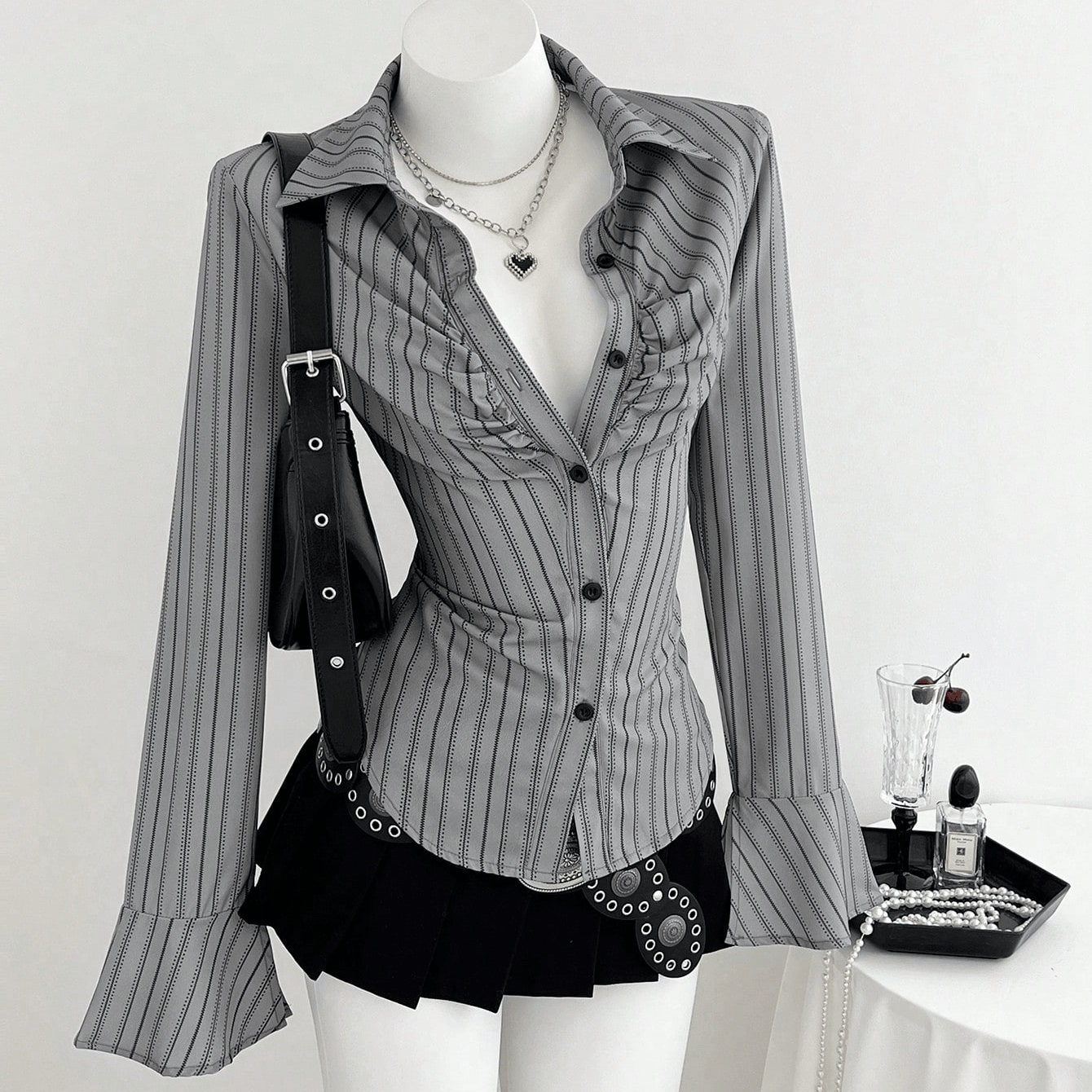 TEMU Autumn Women's Fashion Striped Print Button- Long Sleeve Lapel Shirt