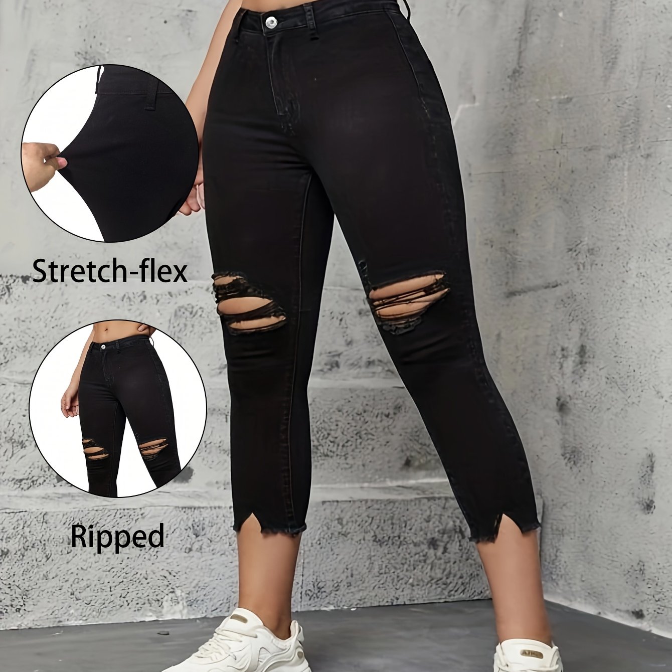 And Summer Ripped High-waisted Skinny Jeans, Solid Color, Stretchy, Versatile Women's Cropped Pants