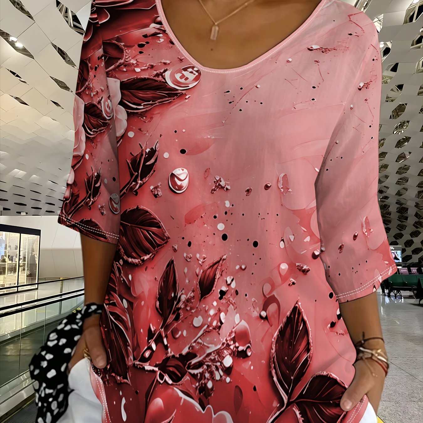 TEMU Plus Size, Plus-size Women's Top, And , Polyester Fabric; Ornate Three-dimensional Purple-pink Rose Print With Golden- Black Leaves