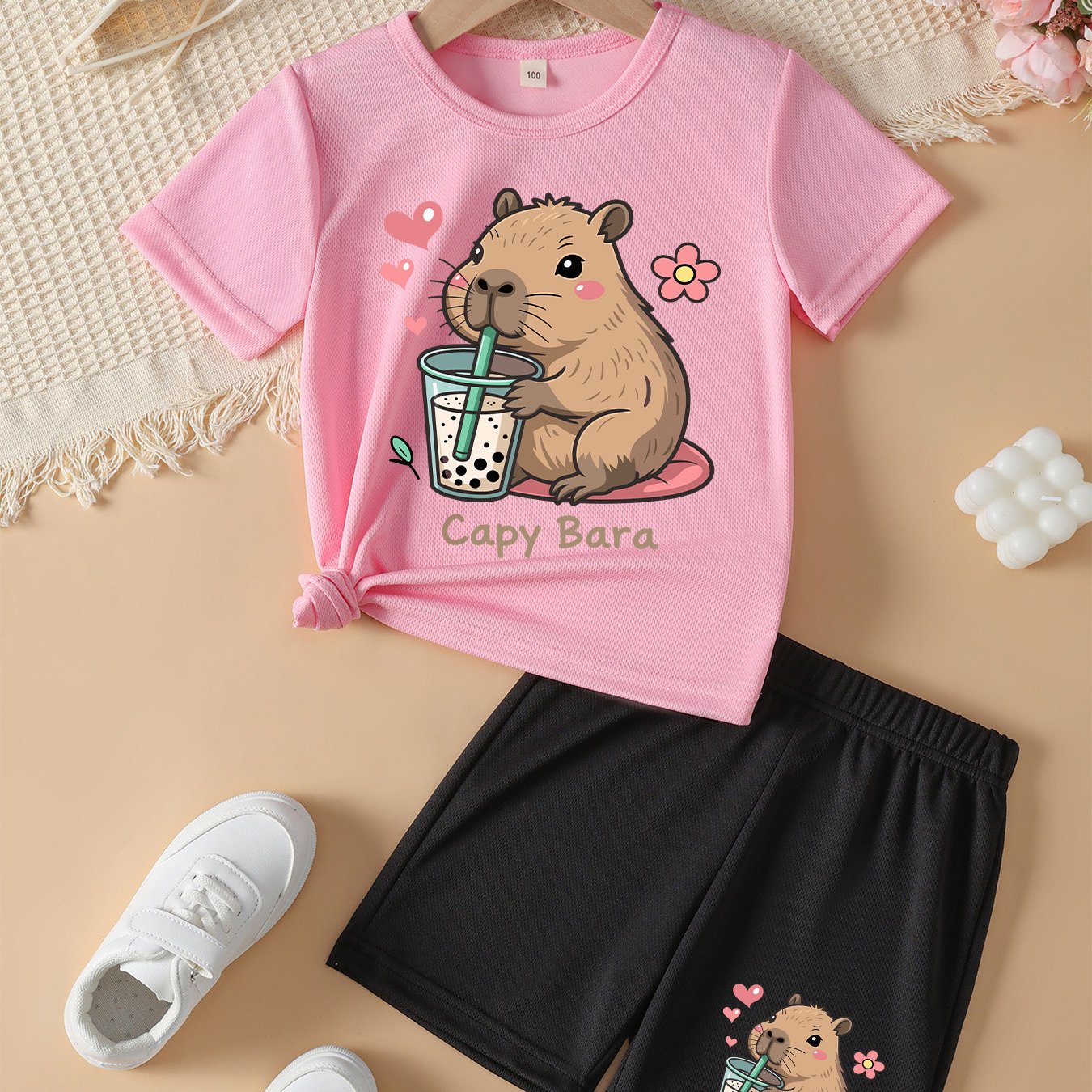 Summer Girls' Fashion Shorts And Short Sleeve Set "" - Cute Kids' Casual Set With Cartoon Capybara Drinking Milk Tea Printed Short Sleeve T-shirt And Shorts Ny-tz8830, Perfect For Outdoor