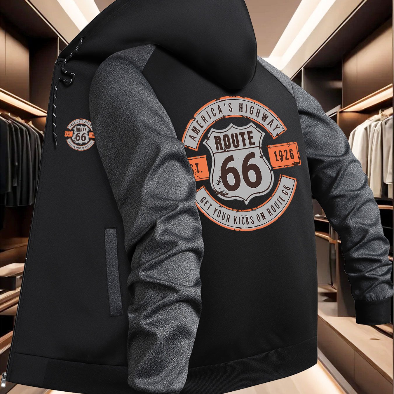 TEMU Men'-tone Spliced Jacket With - Zippered Hooded Baseball Jacket, Machine Washable Color-block Outerwear Suitable For Fall/winter, Casual &