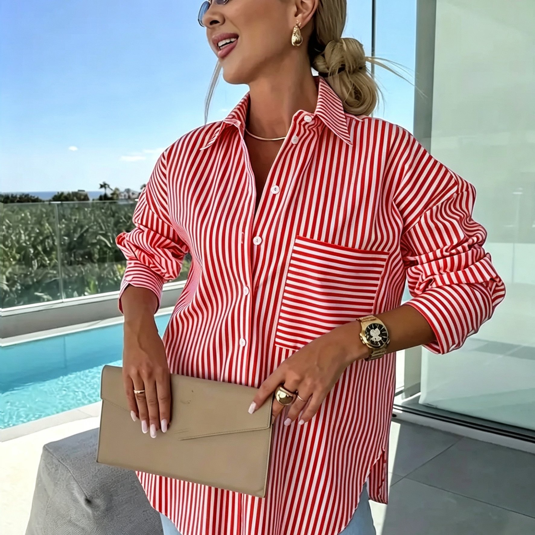 TEMU Chemise Western Décontractée à Rayures, Revers, Ample, Ourlet à Poches et Coupe