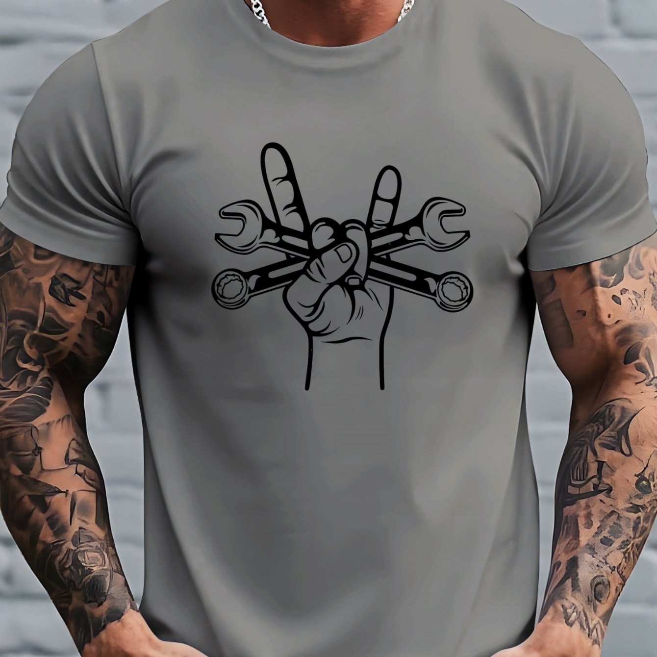 TEMU Men's Pattern T-shirt - Mechanical Tool Design With Wrench, Dark Green And White, Lightweight Summer Shirt Suitable For Construction, Garage,