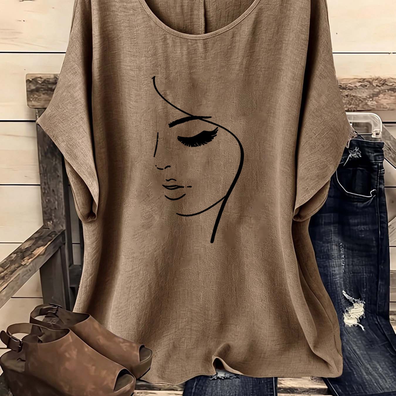 TEMU European And Easy Bohemian Style Retro Round Neck Short-sleeved Shirt, One-piece Women's Shirt, Retro Women's Clothing, Women's Shirt, Spring,