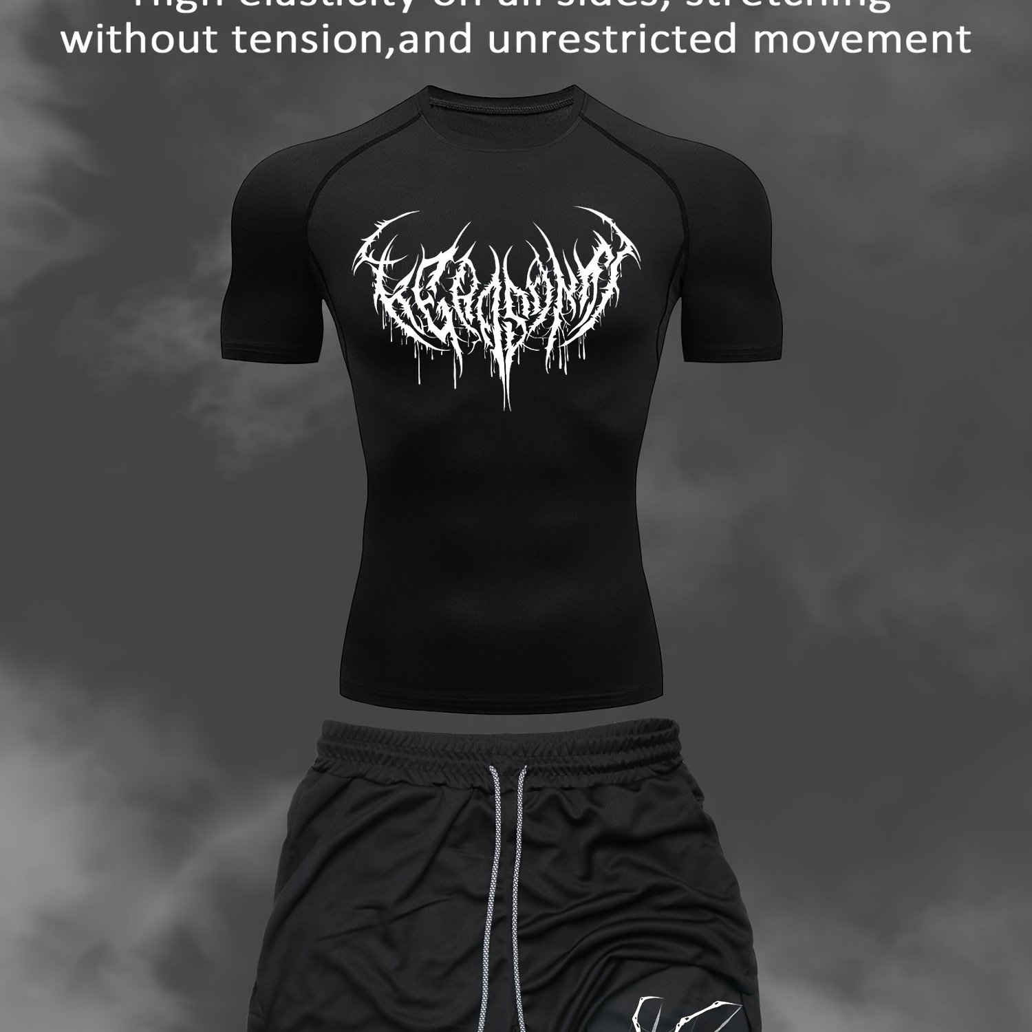 Image of Thorn Letter Creative Print Men's Casual Sportswear Set: Quick- Short Sleeve + Print Multi-pocket Double-layer Athletic Shorts